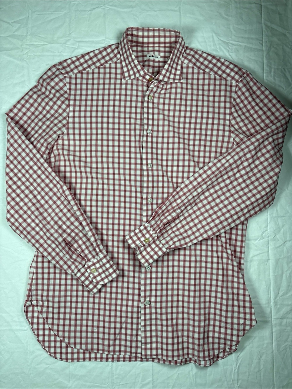 KITON Men's Red and White Check Button-Down Shirt